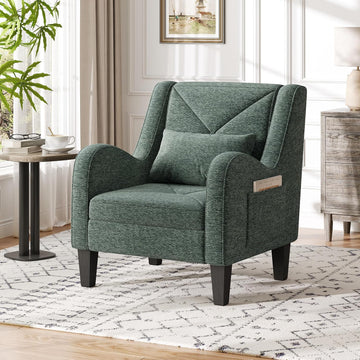 Chenille Accent Chair Bedroom Chair Comfy Reading Chair Upholstered Arm Chair, Single Sofa Chair with Lumbar Pillow