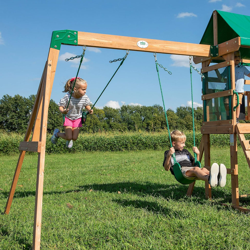 Buckley Hill Cedar Wood Swing Set with Wave Slide, Play Deck, Rock Wall Ladder, Belt Swings, Chalkboard, Canopy Roof