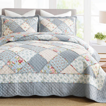 100% Cotton Patchwork Quilts Blue Floral Bedding Set Queen
