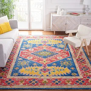 Aspen Collection Area Rug - 10' x 14', Red & Blue, Handmade Boho Wool, Ideal for High Traffic Areas in Living Room