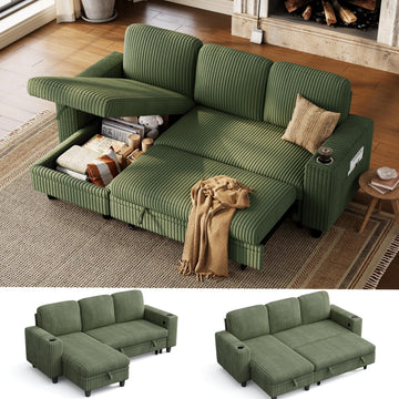 Sectional Sleeper Sofa Couch with Storage Chaise & USB Charging, Plush Corduroy Convertible Pullout Sofa Bed, Modular