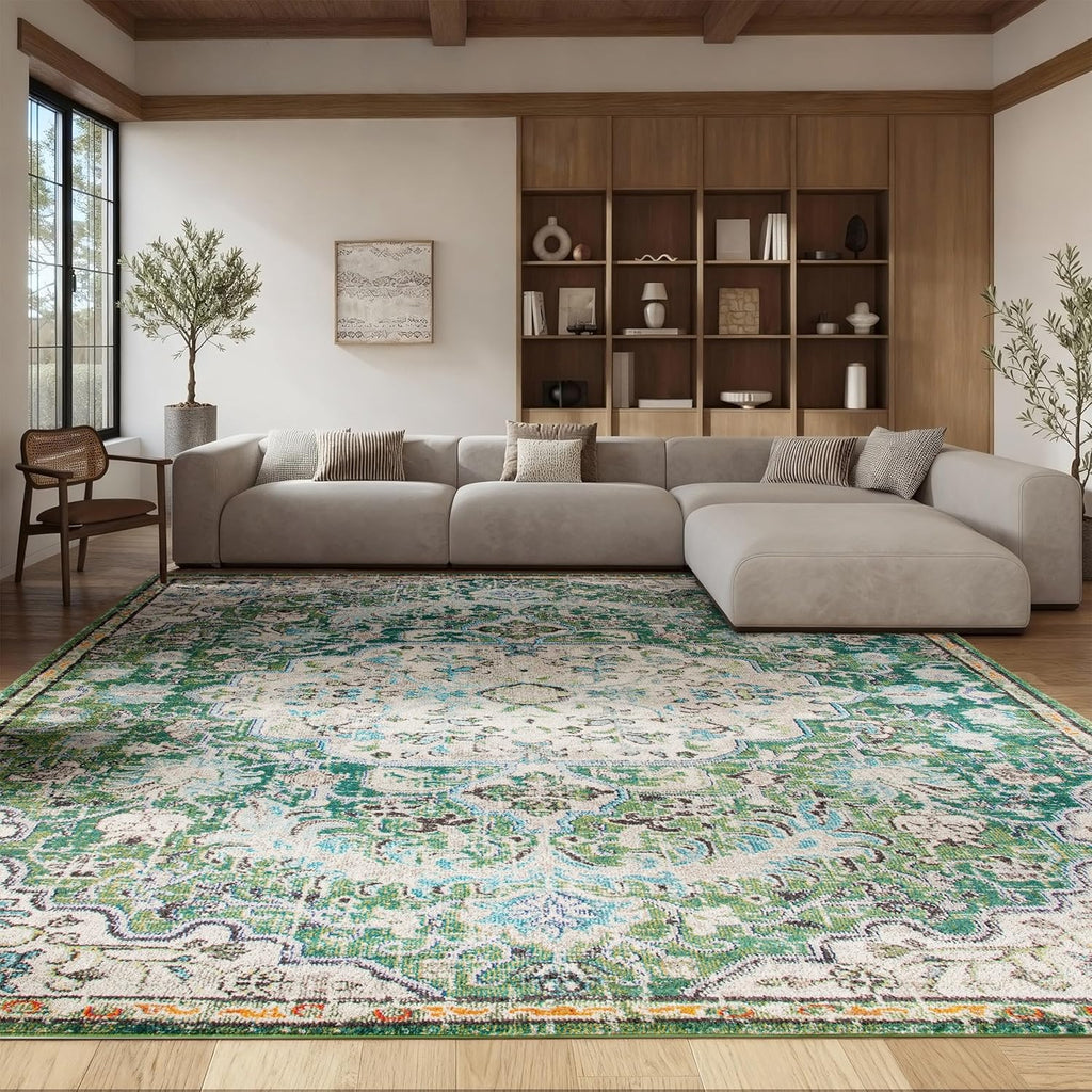 Madison X-Large Area Rug - 12' x 15', Green & Turquoise, Medallion Distressed Design, Non-Shedding & Easy Care