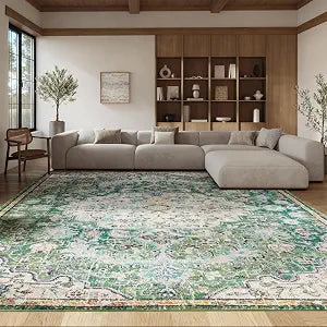 Madison Collection X-Large Area Rug - 12' x 15', Green & Turquoise, Medallion Distressed Design, Non-Shedding & Easy