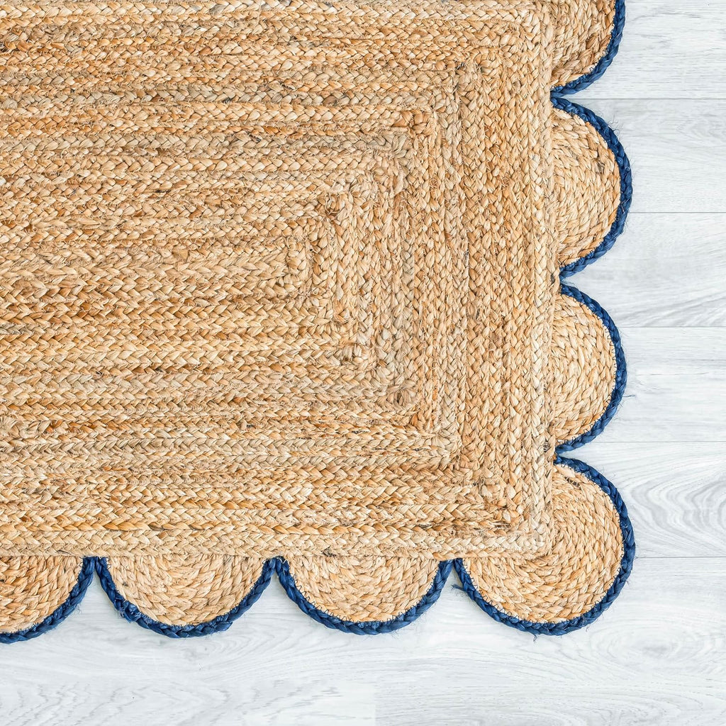 Scalloped Natural Jute Area Rug, Navy Trim, 2x3