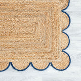 Scalloped Natural Jute Area Rug, Navy Trim, 2x3