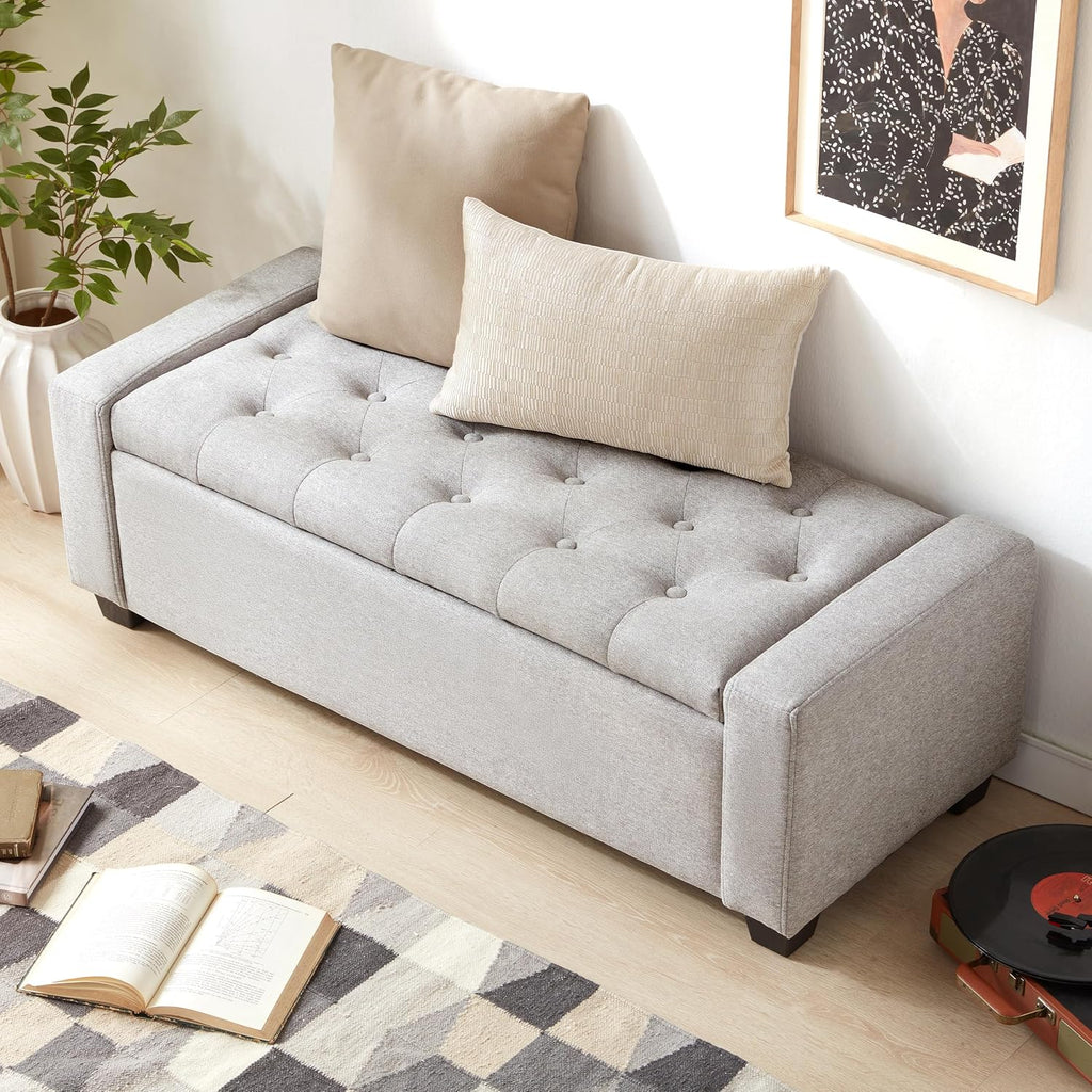 48" Ottoman with Storage, Light Gray Storage Ottoman Bench | Upholstered Entryway Bench with Seating , with Safety