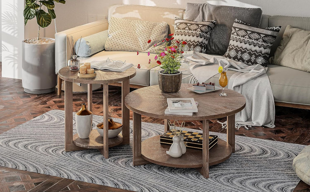 Round Wood Coffee Tables with Storage, Rustic Farmhouse Coffee Table with Distressed Wood Top, Large Circle Table