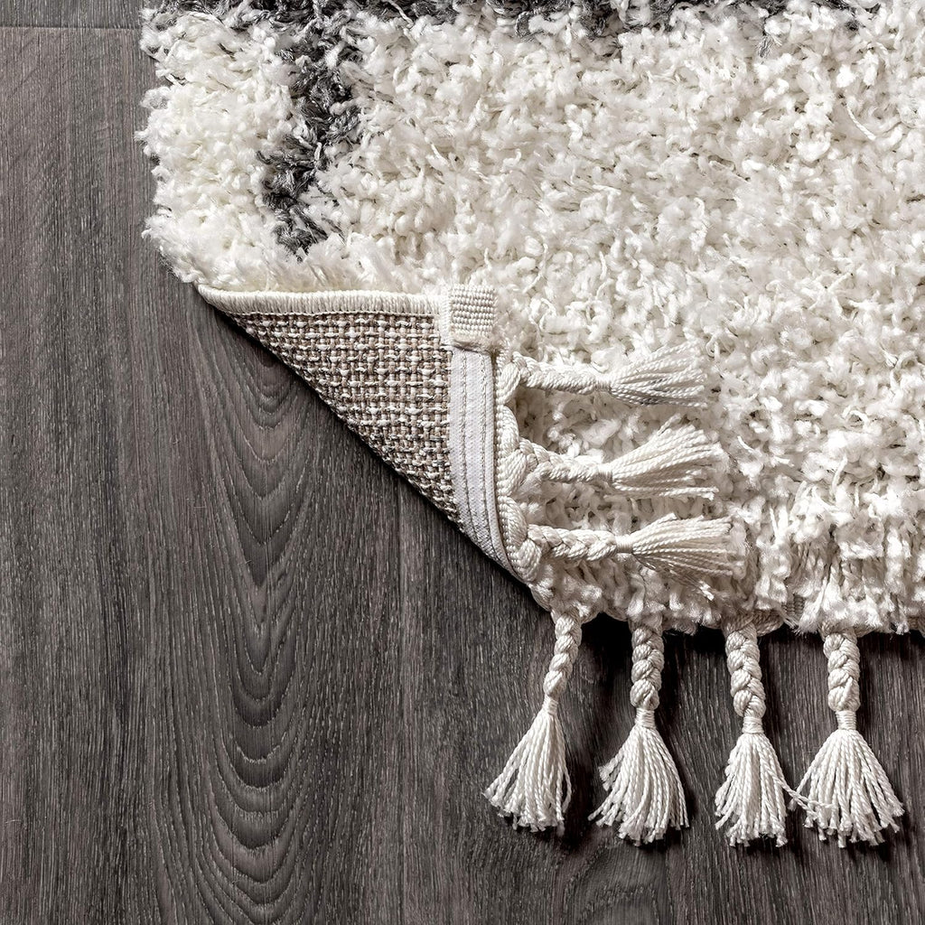 Mercer Shag Plush Tassel Ivory/Gray Indoor Area Rug, Moroccan Geometric Trellis, Easy-Cleaning