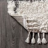 Y Mercer Shag Plush Tassel Ivory/Gray Indoor Area Rug, 3x5, Moroccan Geometric Trellis