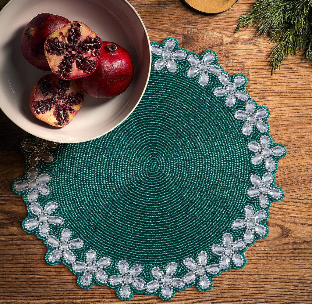 Beaded Placemats for Dining Table, 13 Inch Round, Handcrafted, Teal