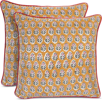 100% Cotton Throw Pillow Covers 20x20 Inch, Set of 2 Yellow Block Print Pattern Couch Pillow, Cute Boho