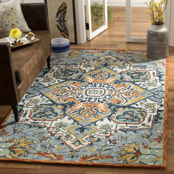 Area Rug - Aspen - Large - Blue & Rust, Handmade Wool, Boho Design