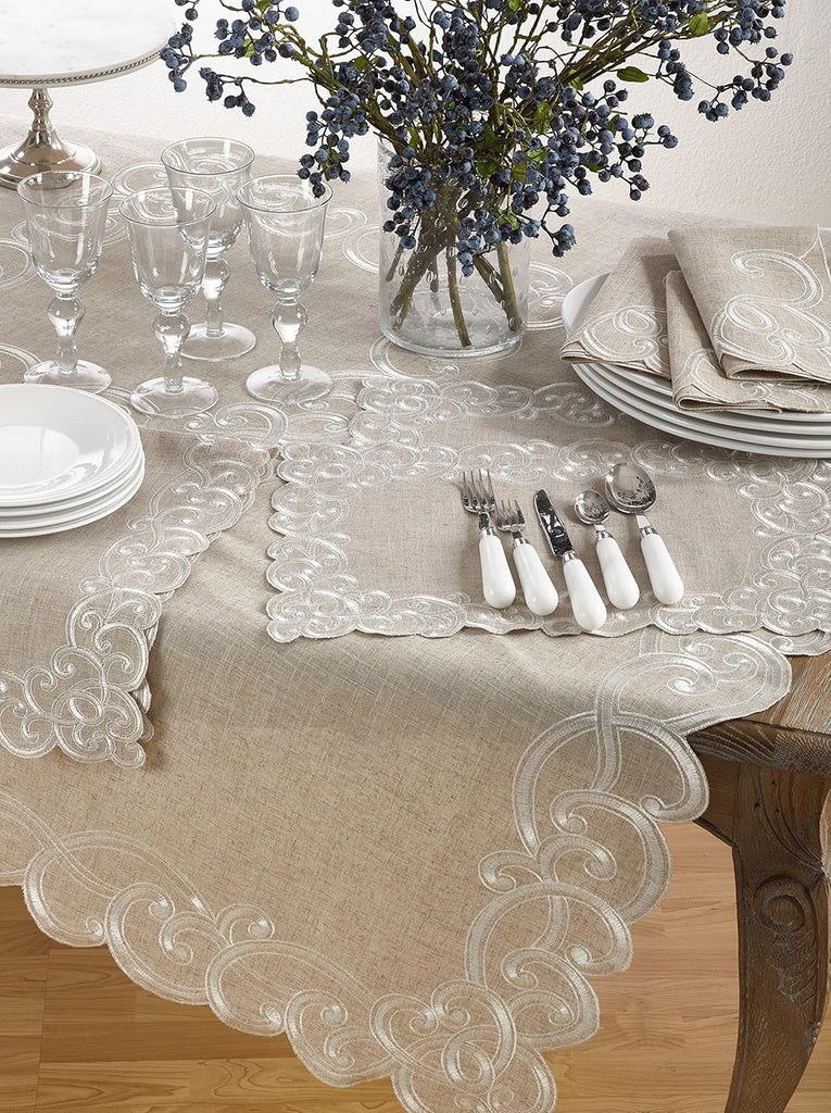 Embroidered Scallop Design Linen Blend Tablecloth, 67" x 180", Natural