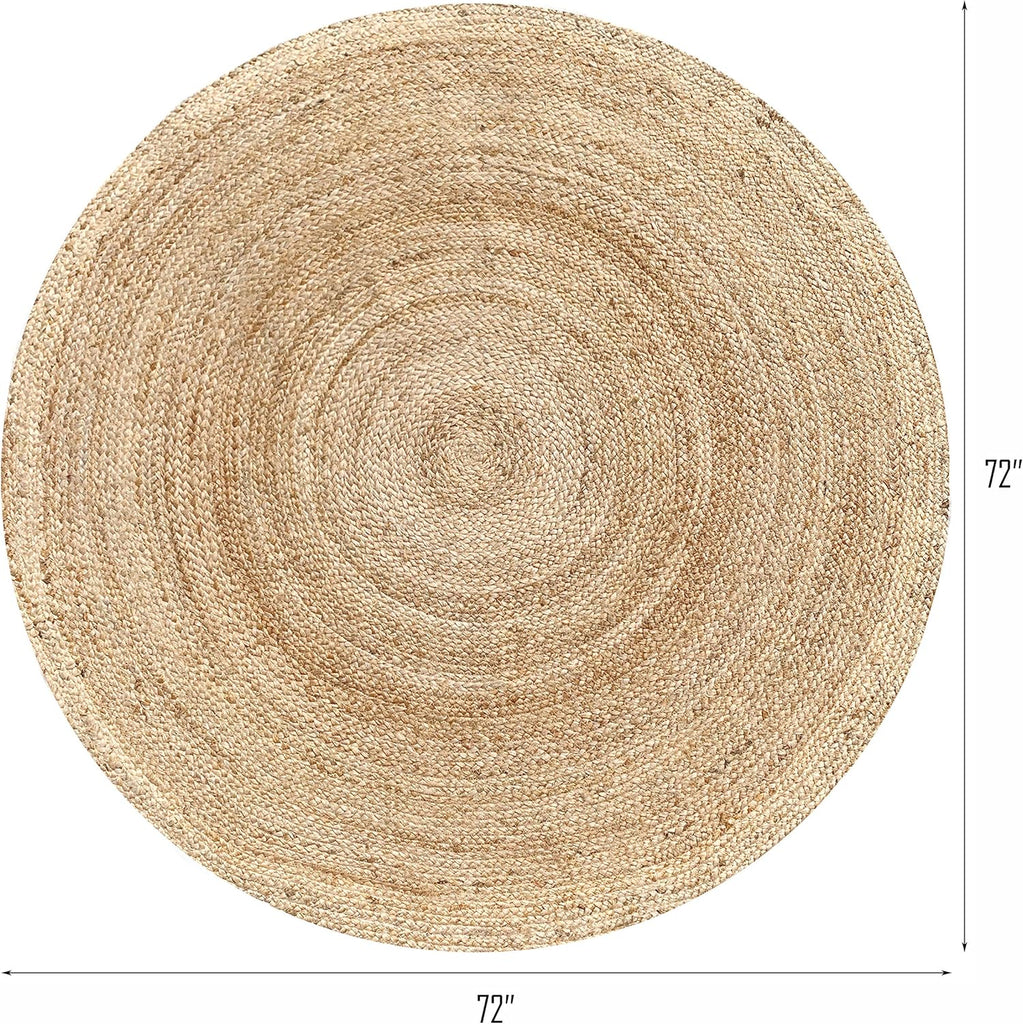 Hand Woven Jute Braided Rug, 6’ Round - Natural, Reversible Boho Entry Area Rugs for Kitchen, Living