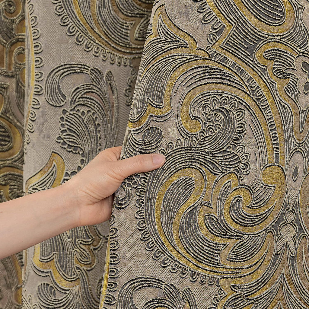 Textured Fabric Shower Curtain Set Damask Design, Taupe+Gold | Include 12 Metal Hooks, Royal Jacquard Bathroom Shower
