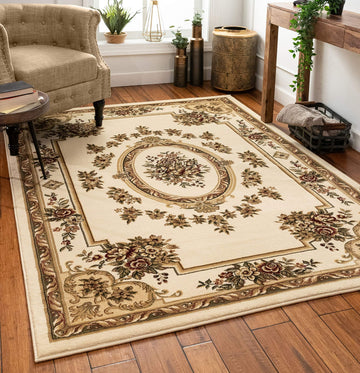 Pastoral Medallion Ivory French European Formal Traditional Area Rug Easy to Clean Stain/Fade Resistant