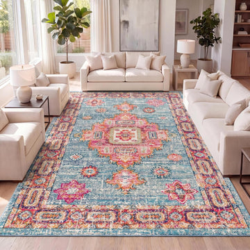 Vintage Boho Blue/Red Indoor Area Rug, Bohemian Flair Traditional Medallion, Floral Easy-Cleaning High Traffic