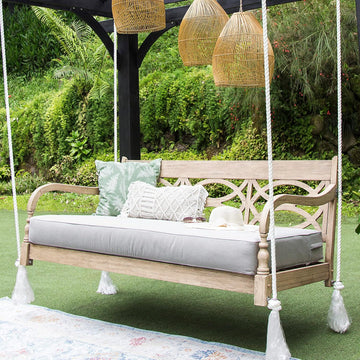 Renley 5.6 FT Mahogany Porch Swing Daybed with Oyster Cushion, Lime Wash Finish, Turned Detail, Weather-Resistant