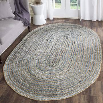 Cape Cod Collection Area Rug - 8' x 10' Oval, Natural & Blue, Handmade Flat Weave Jute, Ideal for High Traffic Areas