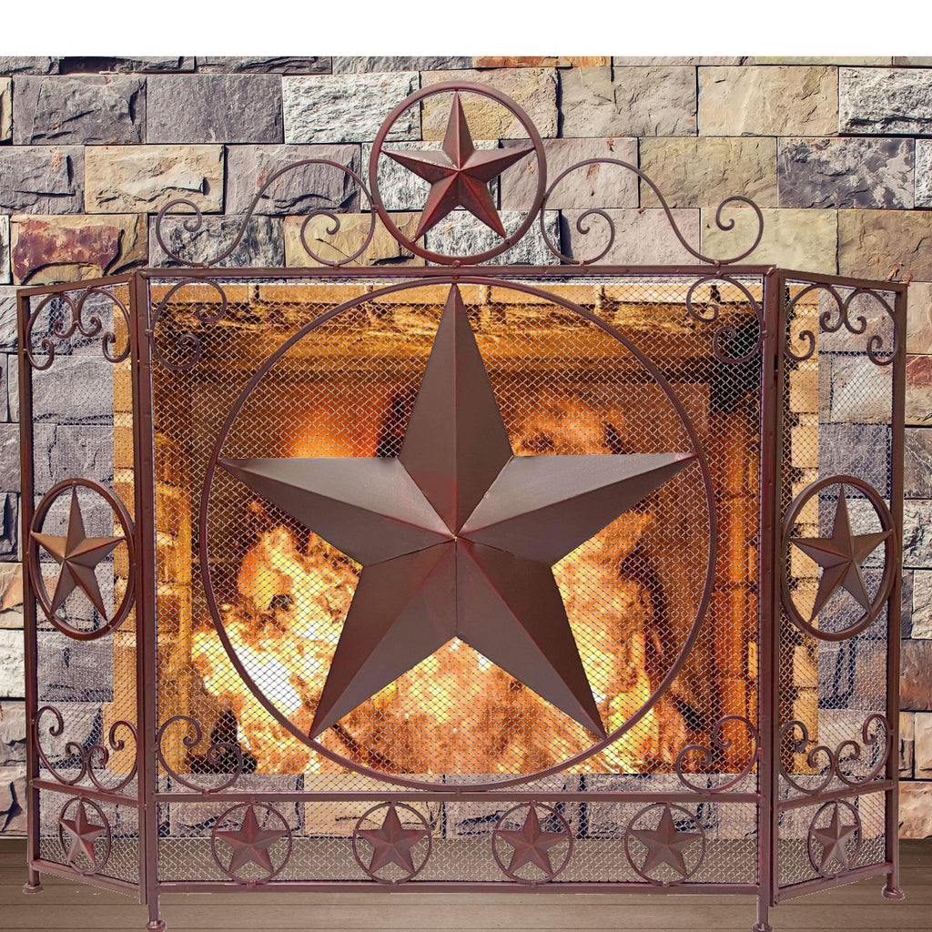 3-Panel Fireplace Screen Decorative - Rustic Brown Star Detail