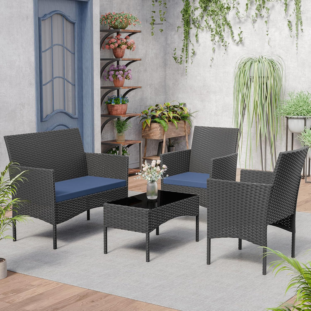 Patio Furniture Set 4 Pieces Outdoor Wicker Rattan Chairs Conversation Sets w/Coffee Table