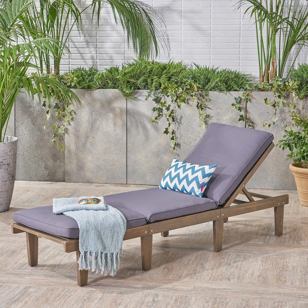 Outdoor Acacia Wood Chaise Lounge, Grey Finish/Dark Grey Cushion