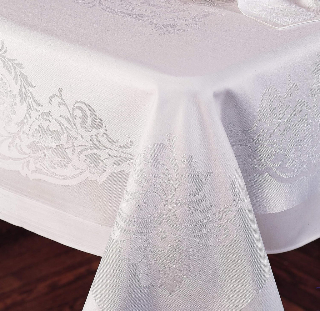 Fine Linen Damask Scroll 68" x 88" Rectangular Tablecloth | White