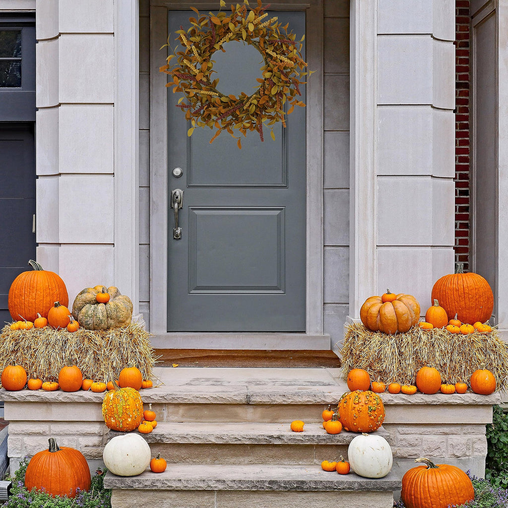 20 inch Fall Wreath Autumn Door Wreath with Eucalyptus Leaves, Mixed Grain for Front Door Farmhouse Indoor Outdoor