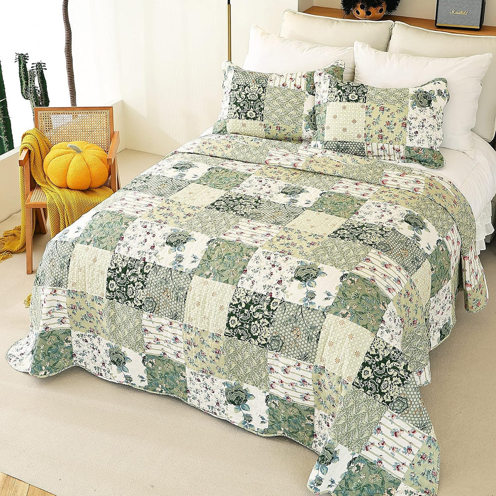 Summer Floral Quilted Bedspread,Romantic Green Quilt Set,Reversible Stitched Bedding Cover All Season,Soft