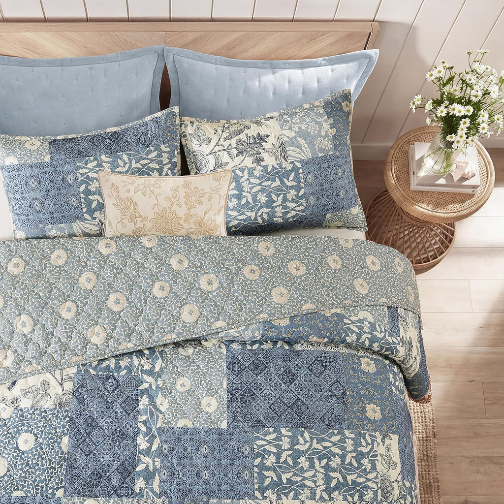 Quilt Set Queen, Patchwork Blue Floral Quilt Sets, Reversible Bedspread Lightweight and Breathable for All Seasons