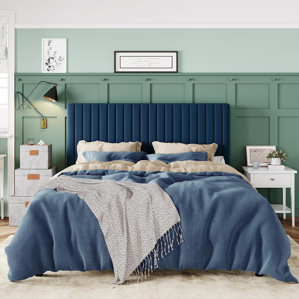 Queen Bed Frame, Velvet Upholstered Platform Bed with Adjustable Vertical Channel Tufted Headboard