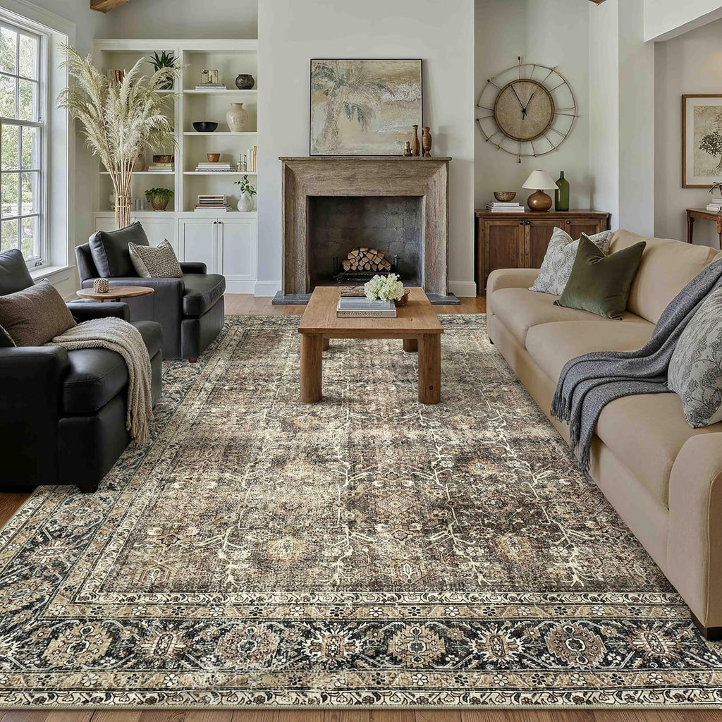 Vintage Area Rug 9x12 Brown Washable Living Room Large Carpet Non Slip Bedroom Indoor Office Low Pil