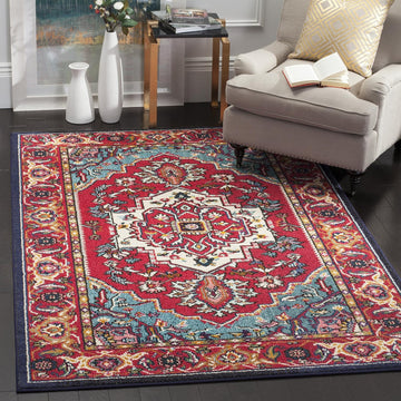 Monaco Collection Area Rug, Red & Turquoise, Boho Oriental Medallion Design, Non-Shedding & Easy Care