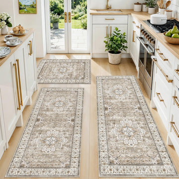 Washable Kitchen Rugs Sets of 3: Non-Slip Boho Kitchen Mats for Floor - Soft Low Pile Carpet Runner for
