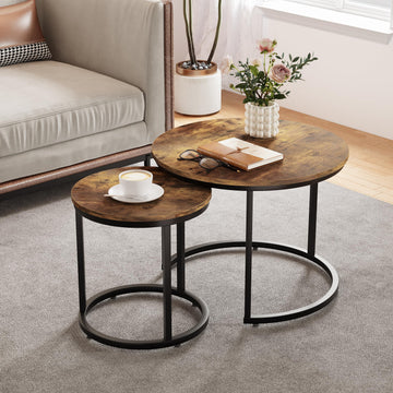 Nesting Coffee Set of 2, 23.6" Round Coffee Rustic Wood Top with Adjustable Non-Slip Feet, Industrial End Side Tables