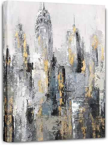 Modern Abstract Cityscape Canvas Wall Art Painting with Gold Foil Hand Painted Building Pictures Decoration