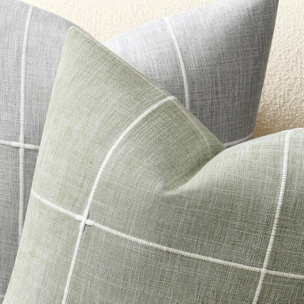 2 Packs Grid Embroidery Throw Pillow Covers, 18x18 Inch Light Sage Green, Farmhouse Linen Decorative Light Green