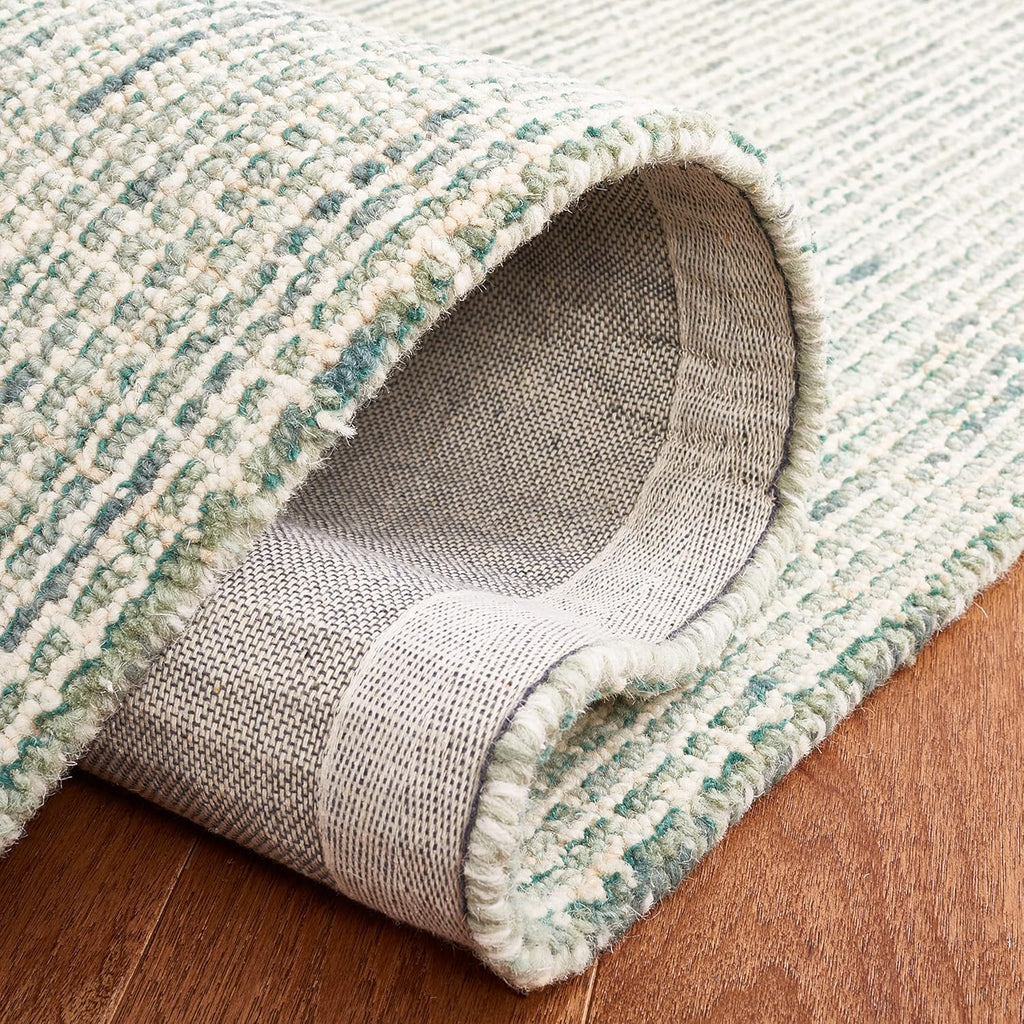 Abstract Area Rug - 9' x 12', Green & Ivory, Handmade Wool