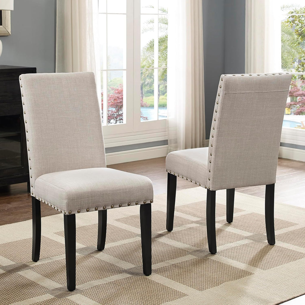 Fabric Dining Chairs with Nailhead Trim, Set of 2, Tan
