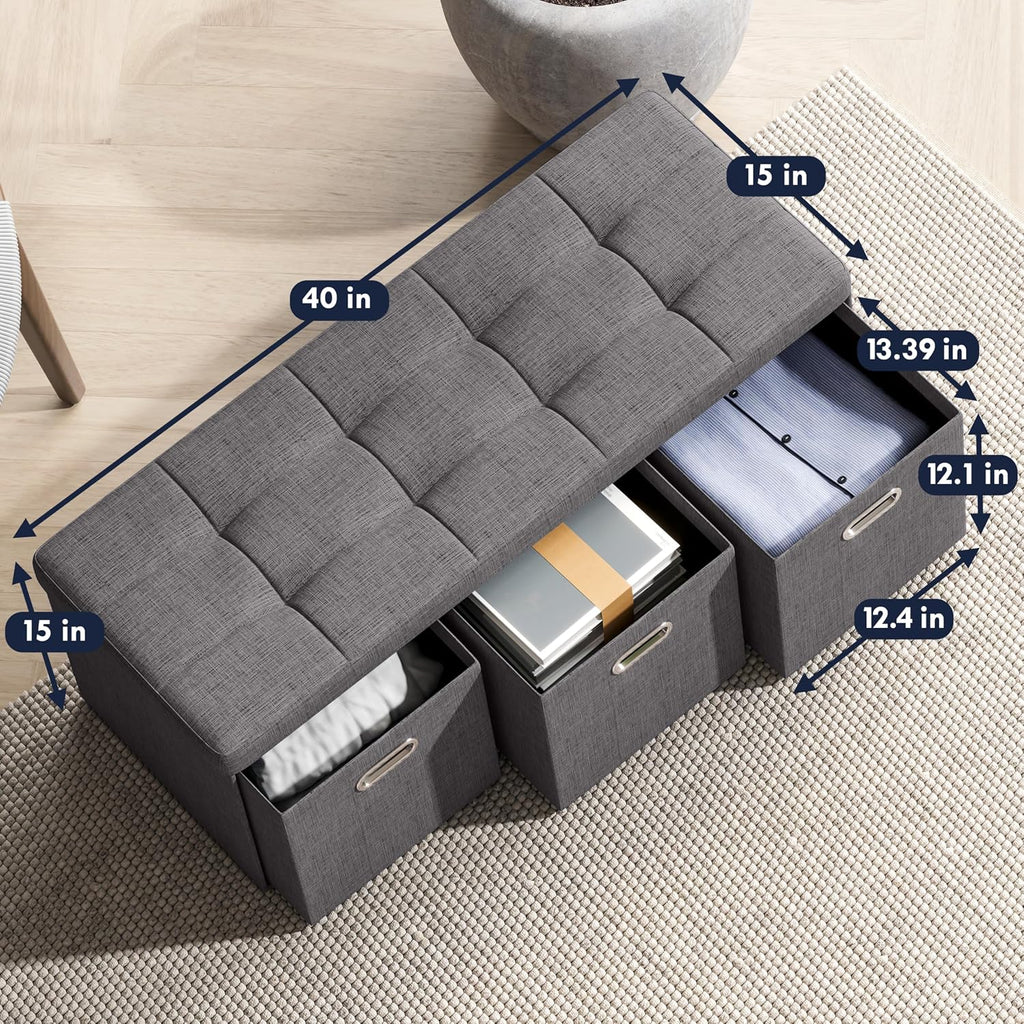 40 Inch Storage Ottoman with 3 Drawers, Tufted Linen, Dark Gray | Foldable Large Bench Design; Foot Rest Stool Seat;
