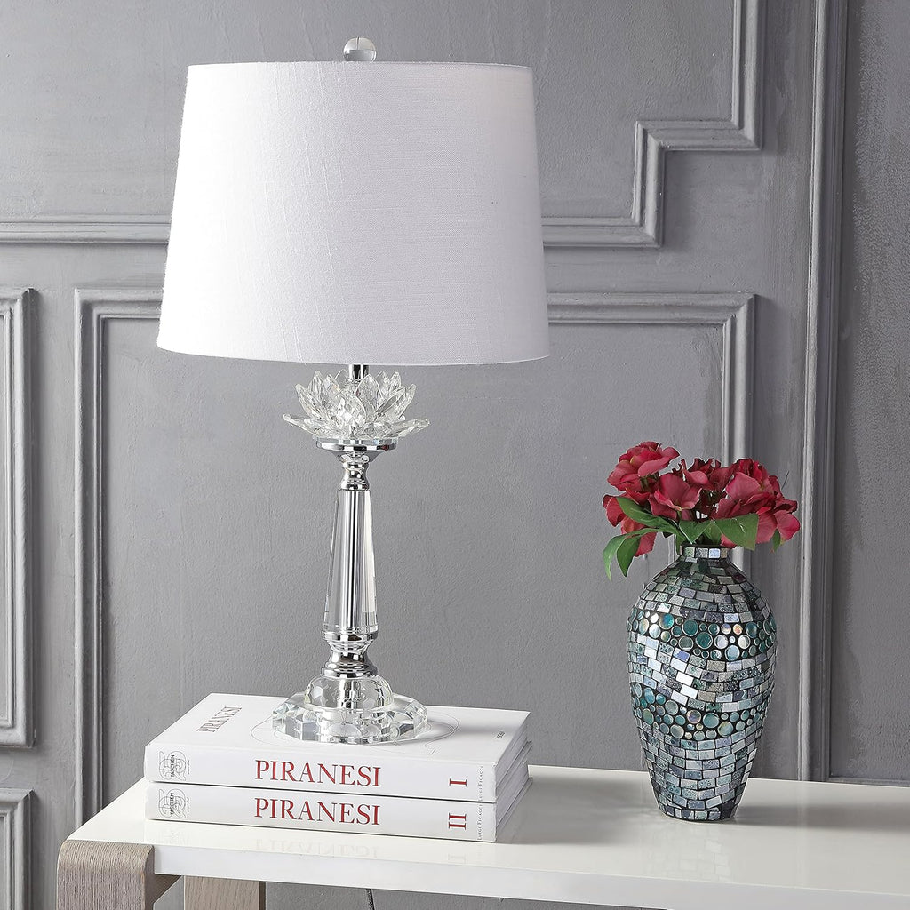 24.5" Clear Crystal LED Table Lamp, Hollywood Regency Modern Glam Candlestick Lamp with White Linen Drum Shade Bedroom