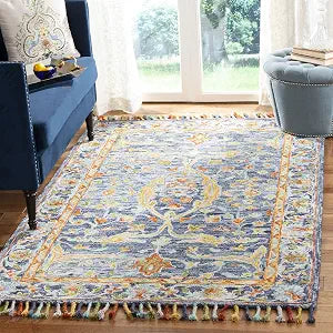 Aspen Collection Area Rug - 9' x 12', Blue & Rust, Handmade Boho Braided Tassel Wool, Ideal for High Traffic Areas in
