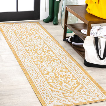 Medallion Weave Indoor Outdoor Runner Rug 2X10 Yellow/Cream, Sinjuri Textured for Backyard, Patio, Porch