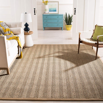 Area Rug 9x12 - Natural Fiber Collection - Large - Natural & Beige, Seagrass, Herringbone Pattern with Border (NF115A)