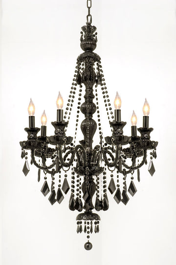 Jet Black 7 Light Crystal Chandelier - Murano Venetian Style, H37.5" x W26" - G46-BLACK/490/7