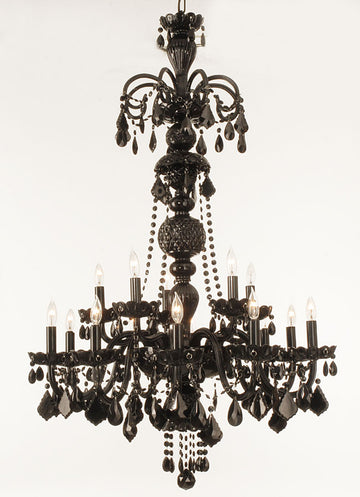 Jet Black 15 Light Crystal Chandelier - Murano Venetian Style, H48" x W32" - F46-BLACK/590/15