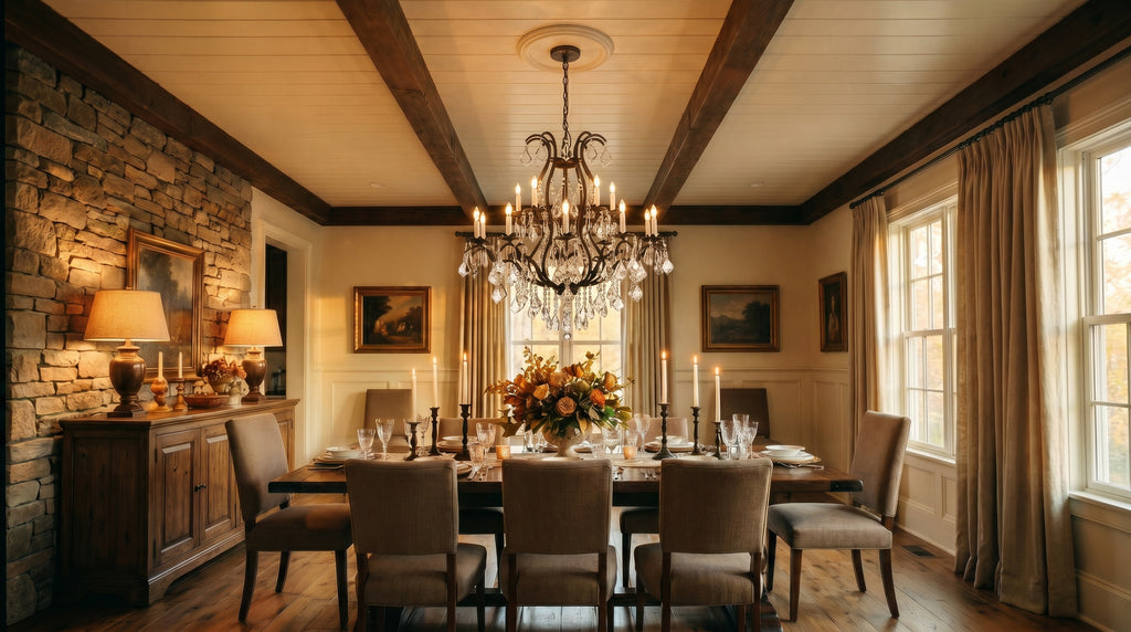 Wrought iron crystal chandelier in warm formal dining room with stone accent wall