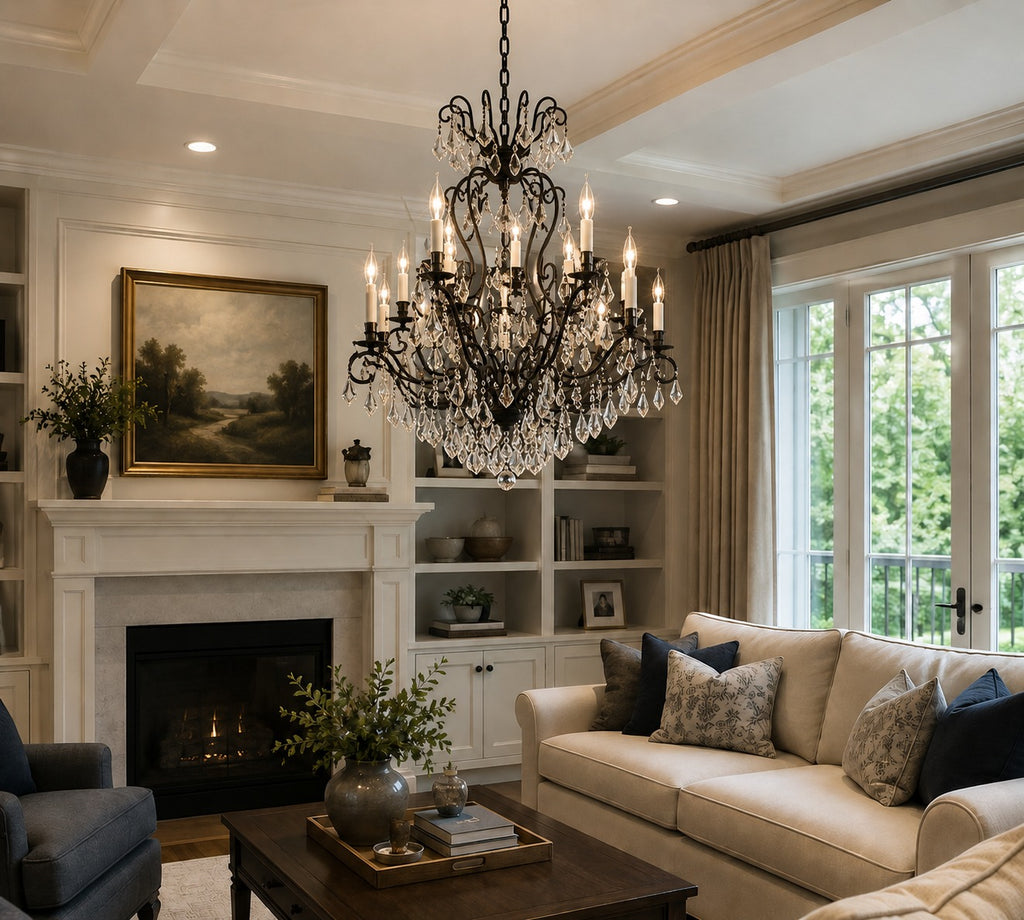 Wrought Iron Crystal Chandelier W38 x H44 in Elegant Living Room Setting