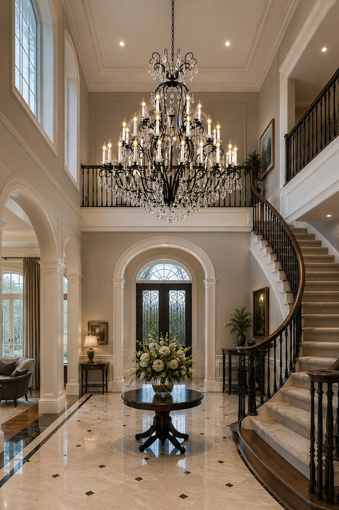 Wrought Iron Crystal Chandelier H72 x W60 in Grand Two-Story Entryway Foyer