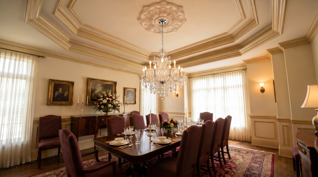 Maria Theresa silver crystal chandelier in formal dining room